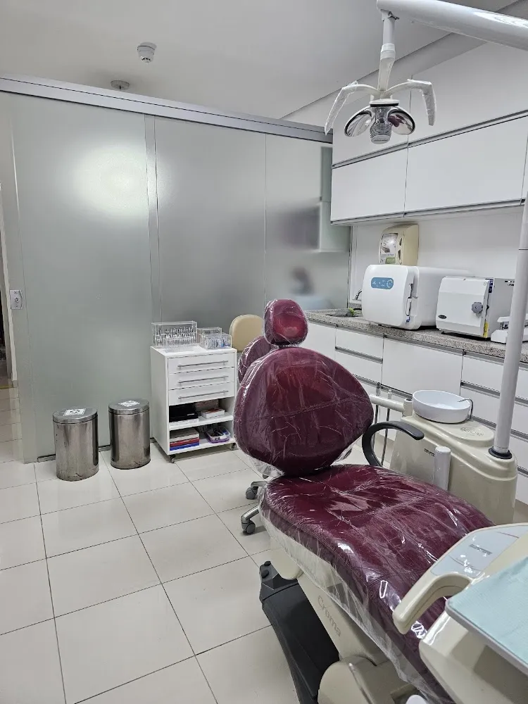 Sala de atendimento do consultório: cadeira odontológica vinho, refletor, armários brancos e divisória de vidro fosco.